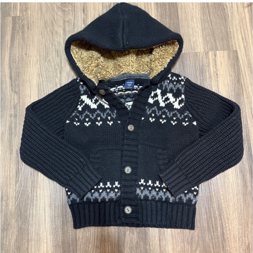 Baby Gap Cardigan Toddler 3T Black Fair Isle Sherpa Lined Hooded Sweater
